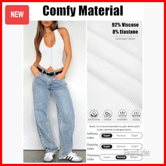 Ribbed Halter Tank Top Slim Fit Button Front Backless Crop Vest - Picture 5 of 6